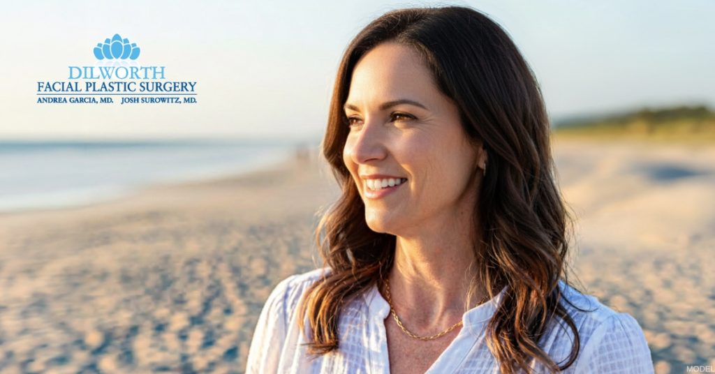 Woman considering facelift or blepharoplasty. (Model)