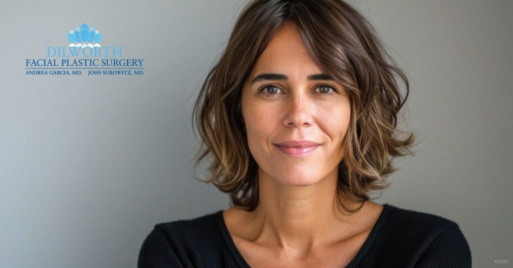 Woman's face, illustrating minimal deep plane facelift scarring after surgery (model)