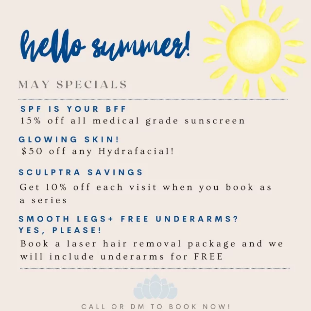 Hello, sunshine!☀️ 
Kick off summer with glowing skin and smooth savings!

May Specials:
☀️15% off medical-grade SPF
☀️$50 off any HydraFacial
☀️10% off each Sculptra visit (when booked as a series)
☀️FREE underarm laser with any laser hair removal package

Let’s get you summer-ready—DM or call to book now! ☎️980-949-6544

#sculptra #spf #summerglow #charlotteaesthetics