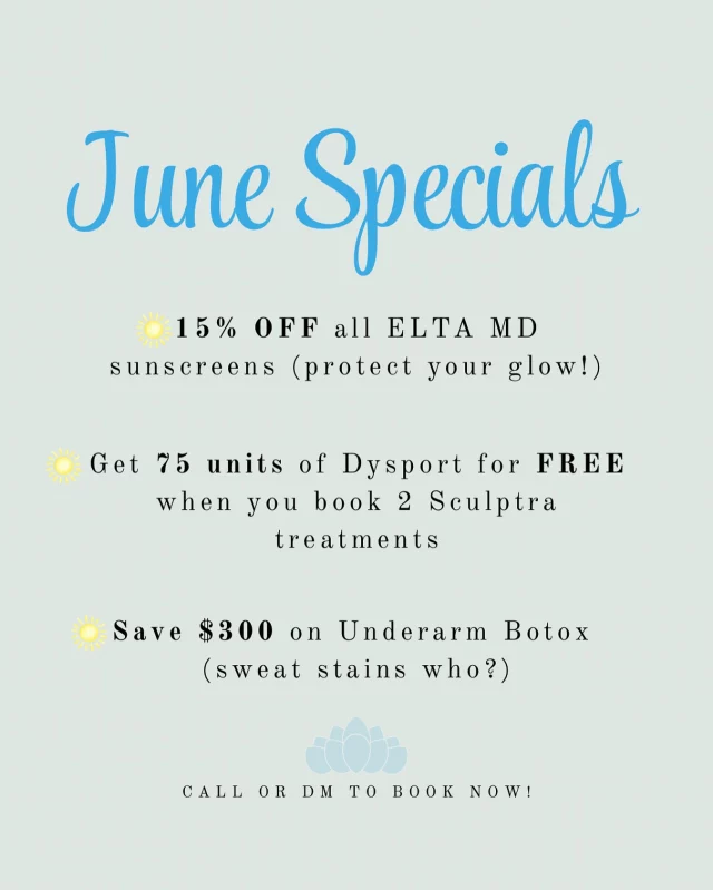 Sun’s out, skin’s glowing ☀️ 
June Specials:
✨ 15% off medical-grade ELTA MD sunscreen
✨ $300 off Underarm Botox (stay cool + confident!)
✨ FREE 75 units of Dysport when you book 2 Sculptra treatments 💉
 
Let’s keep the glow going—DM or call to book your spot!
📞 980-949-6544

#CharlotteMedSpa #DilworthFacialPlasticSurgery #UnderarmBotox #SculptraGlow #DysportDeals #EltaMD #SummerSkinCare #GlowingSkin #LookGoodFeelGood #ConfidenceBoost

Charlotte facial aesthetics, summer skincare deals, Botox specials Charlotte, Dysport promo, underarm Botox for sweating, Sculptra treatment savings, glowing summer skin, Charlotte med spa, Elta MD sunscreen discount, and plastic surgery specials Charlotte