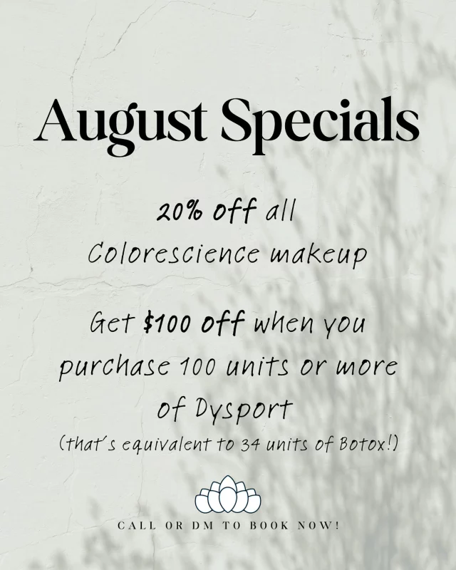New month, new glow ✨ Our August specials are too good to miss:

💄 20% off all Colorescience makeup — because your skin deserves the best
💉 Get $100 off when you purchase 100+ units of Dysport (that’s equivalent to 34 units of Botox!)

Glow into fall with radiant skin and savings 🙌 DM or call us to book your appointment today! 

new month skincare deals, August beauty specials, Dysport discount, Botox alternative, Colorescience makeup sale, professional skincare products, glowing skin, fall skincare routine, Charlotte medspa, aesthetic specials Charlotte NC, skincare promotions, anti-aging treatments, wrinkle relaxers, medical spa deals, Dysport vs Botox, best skincare deals August, beauty treatments on sale, Colorescience SPF, flawless skin, radiant glow, skincare savings, facial aesthetics, Charlotte beauty clinic, glow into fall, skincare appointment Charlotte