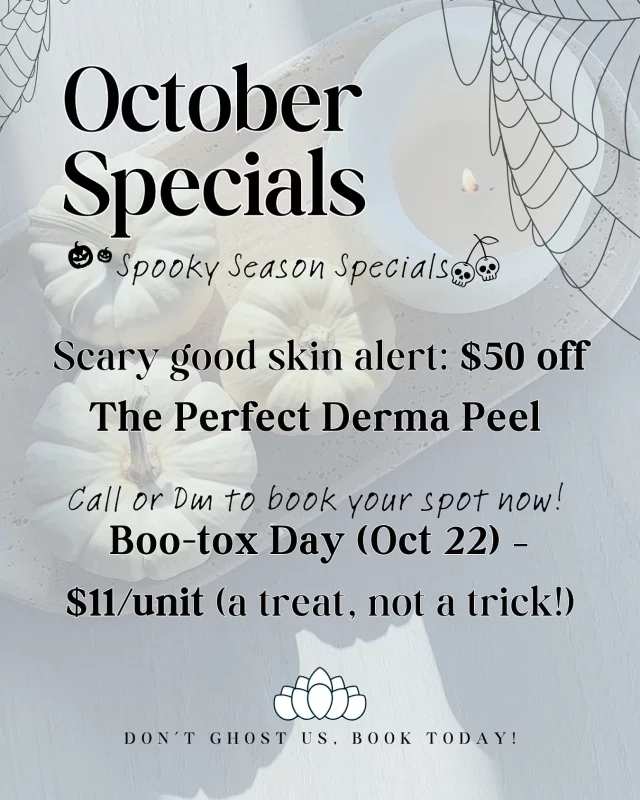 🎃✨ Spooky season = scary good skin ✨🎃 This month only, treat yourself (not trick yourself!) with $50 off The Perfect Derma Peel and join us for Boo-tox Day on Oct 22, Botox just $11/unit. 👻🩵 Don’t ghost your glow, book now for fresh, radiant skin all fall long! 🍂

October skin care specials, spooky season med spa deals, Boo-tox day Charlotte NC, $11 Botox units Charlotte, The Perfect Derma Peel discount, fall skin treatments Charlotte, Dilworth Facial Plastics specials, Charlotte med spa promotions, Halloween skincare deals, scary good skin alert, anti-aging treatments Charlotte NC, Botox before the holidays, smooth glowing fall skin, skincare discounts Charlotte, Botox and chemical peel specials, Charlotte aesthetic clinic offers, fall beauty treatments Charlotte, treat yourself not trick yourself skincare, October Botox and peel deals