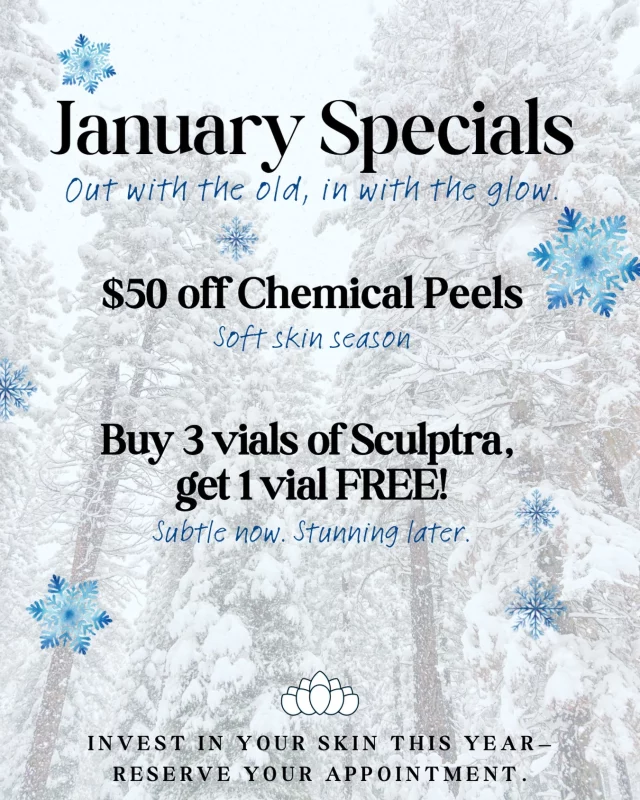 Happy New Year ✨ Out with the old, in with the glow.
January specials are officially here — $50 off chemical peels and buy 3 vials of Sculptra, get 1 FREE.
Soft skin season starts now 🤍
Book your appointment and invest in your skin for 2026.

✨✨✨✨✨✨✨✨✨
January med spa specials, January skincare deals, chemical peel special, $50 off chemical peel, chemical peel for glowing skin, winter skincare treatments, Sculptra special, Sculptra promotion, buy 3 get 1 free Sculptra, collagen stimulating treatments, anti aging injectables, non surgical facial rejuvenation, natural looking volume restoration, med spa glow up, new year skincare goals, invest in your skin, aesthetic treatments January, cosmetic injectables special, skin rejuvenation treatments, book med spa appointment, luxury med spa services, professional skincare treatments, smooth radiant skin, anti aging skin treatments, Charlotte med spa specials