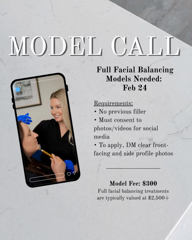 Now accepting models for Full Facial Balancing 💉✨
Selected models will receive a full facial balancing treatment on February 24 for a $300 model fee (valued at $2,500+).

Must meet requirements and be comfortable on camera.
To apply, DM clear front and side profile photos.

Limited availability.

full facial balancing model call, facial balancing Charlotte NC, cosmetic injector model call, aesthetic model call Charlotte, filler model opportunity, full face filler Charlotte, natural facial balancing, non surgical facial balancing, injectables Charlotte NC, med spa Charlotte North Carolina, cosmetic injectables Charlotte, aesthetic training model, filler before and after content, facial symmetry treatments, luxury med spa Charlotte, first time filler candidate, cosmetic treatment model, facial aesthetics Charlotte, injector led facial balancing, aesthetic clinic Charlotte