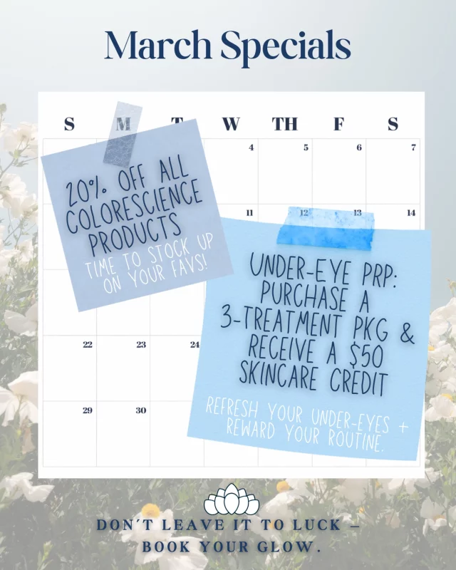 March specials are here 🌿✨
This month at Dilworth, enjoy 20% off all Colorescience products—the perfect time to stock up on your everyday SPF and skin essentials. Plus, refresh tired under-eyes with our Under-Eye PRP special: purchase a 3-treatment package and receive a $50 skincare credit toward your routine.

Don’t leave your glow to luck—book your appointment now and let our expert providers help you look refreshed, radiant, and confident this spring. 🍀💙

Charlotte med spa, Dilworth med spa, Charlotte aesthetic clinic, March med spa specials, Colorescience skincare, Colorescience SPF, medical grade skincare Charlotte, under eye PRP, PRP under eye treatment, dark circle treatment Charlotte, tired under eyes solution, skin rejuvenation Charlotte NC, anti aging treatments Charlotte, natural results aesthetics, spring skincare routine, best med spa in Charlotte, aesthetic treatments Dilworth, book med spa appointment Charlotte, glow up Charlotte NC, skincare specials March